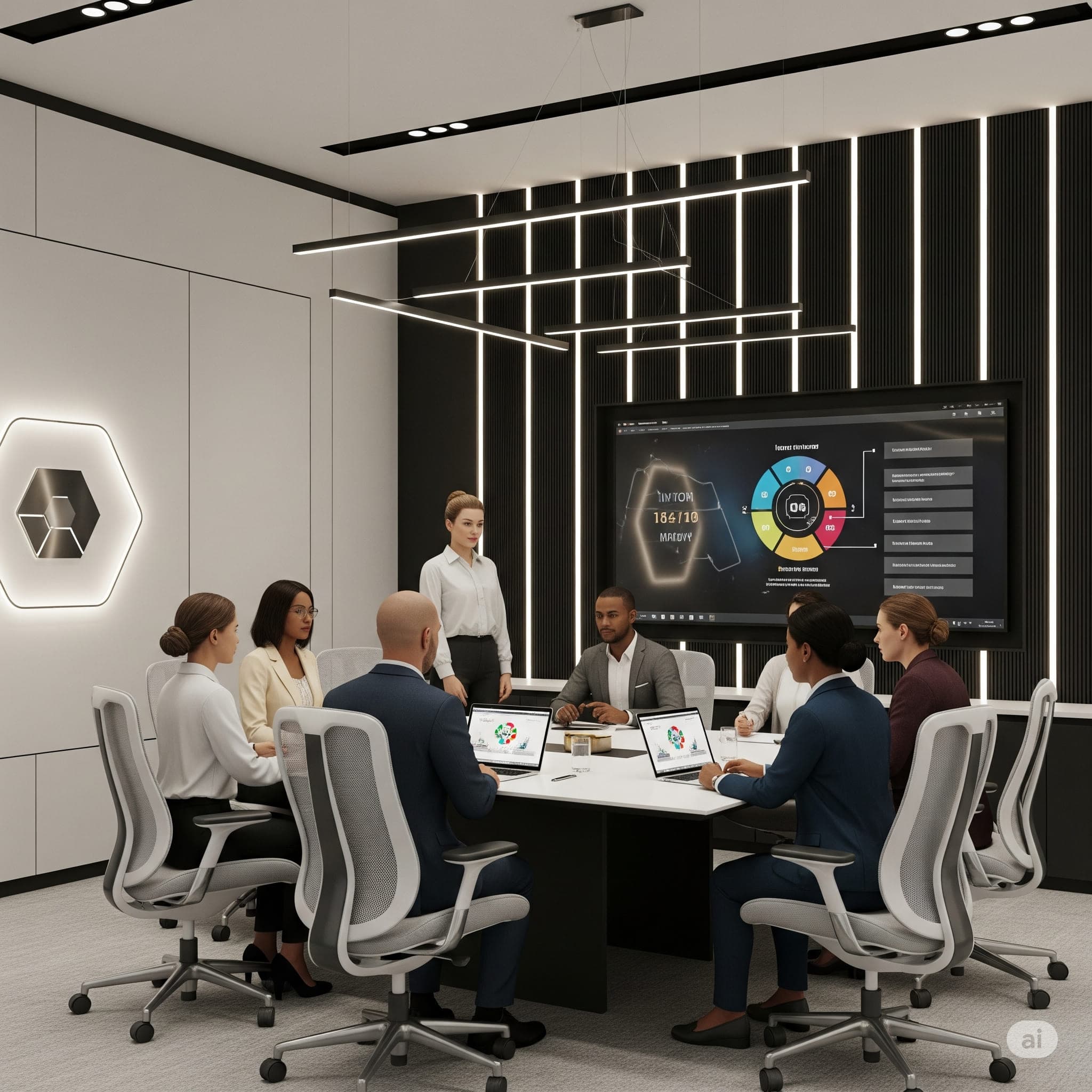 Tim korporat berdiskusi di ruang rapat dengan data yang ditampilkan di layar